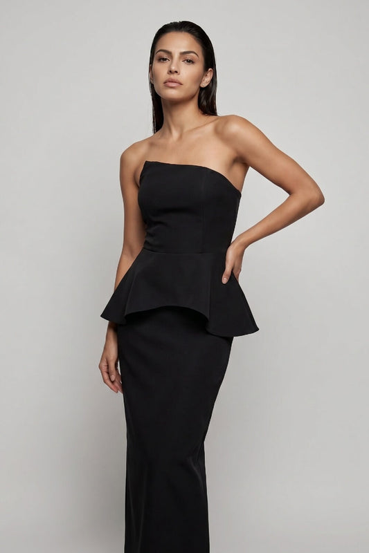 VESTIDO MIDI S/ ALÇA PEPLUM ONDA PRETO