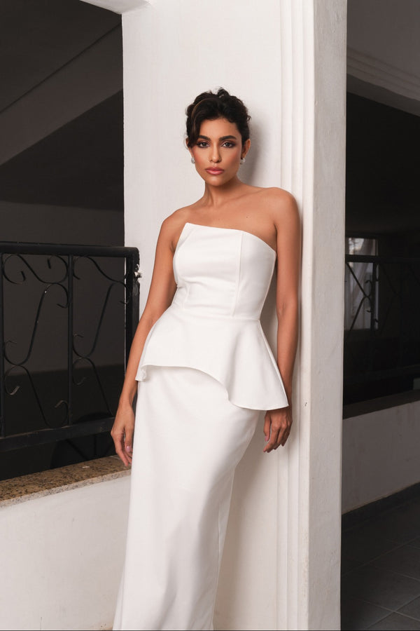 VESTIDO MIDI S/ ALÇA PEPLUM ONDA OFF WHITE