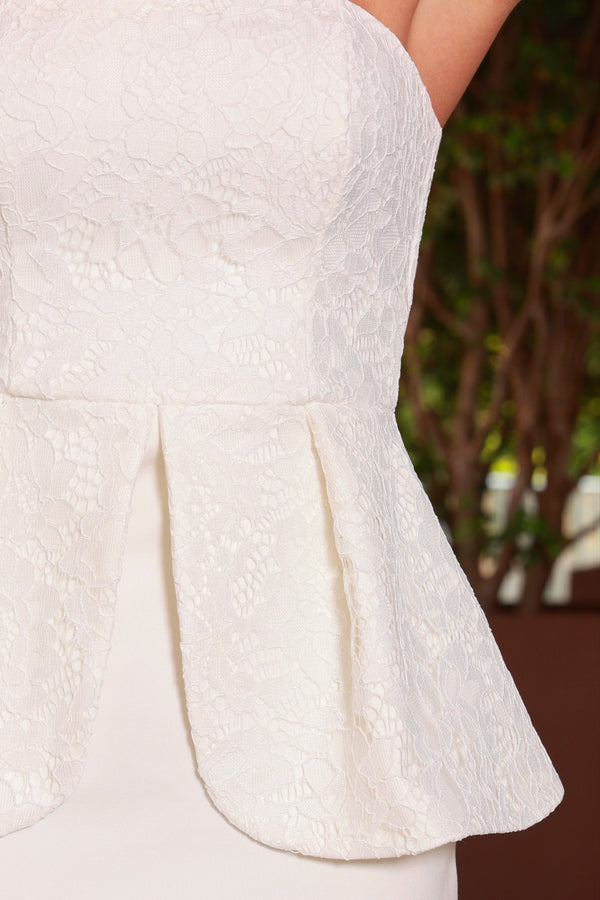 VESTIDO MIDI TOMARA QUE CAIA PEPLUM RENDA OFF WHITE