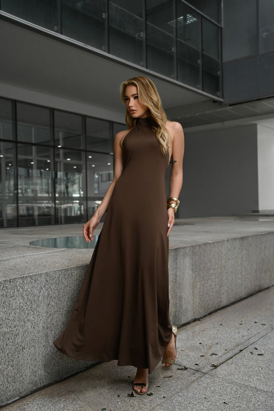 VESTIDO LONGO FRENTE ÚNICA MARROM