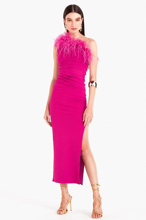 VESTIDO LONGO UM OMBRO SO COM PLUMAS NO DECOTE PINK